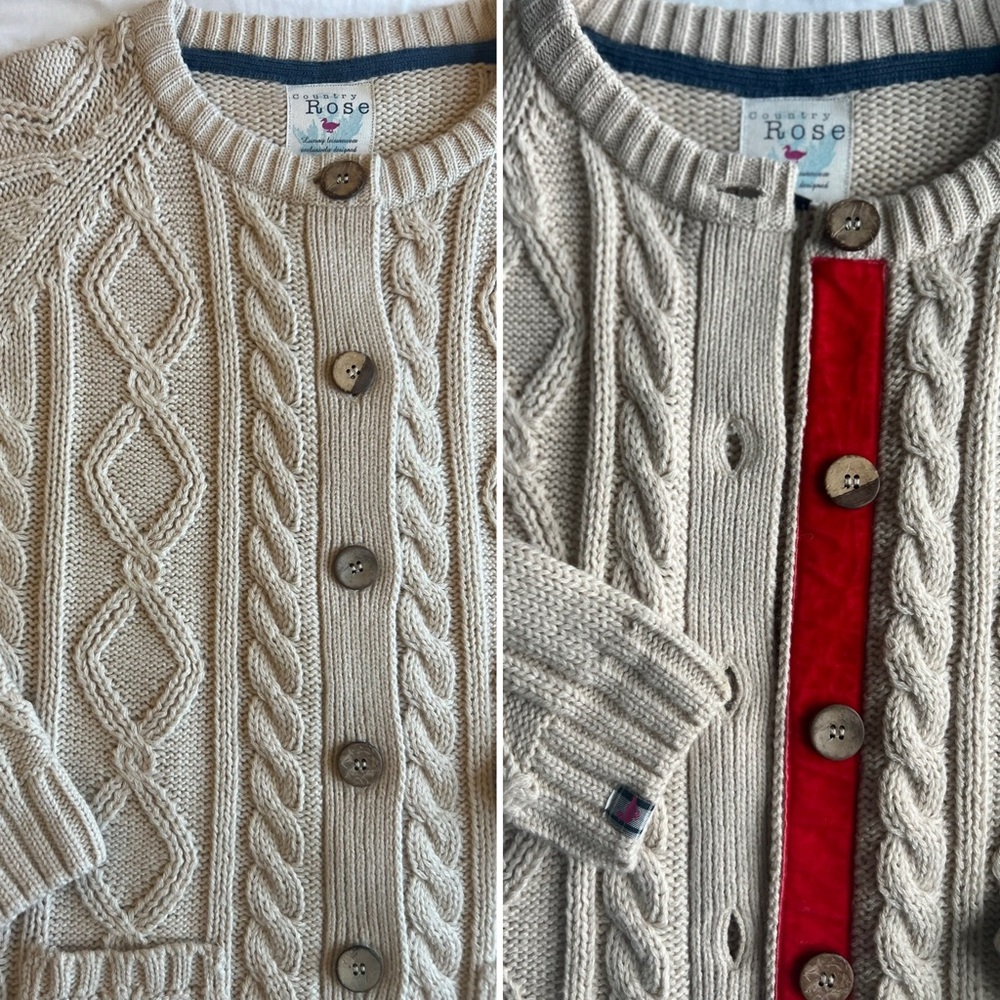 Elegant Cream and Coral-Red Cable Knit Cardigan